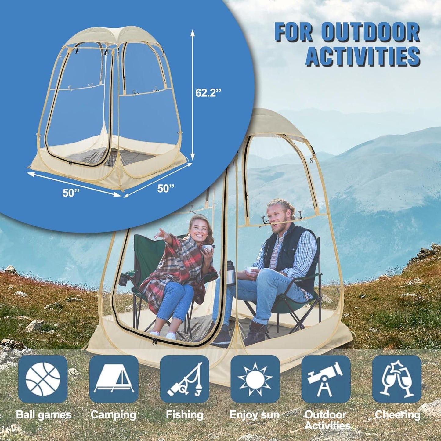 Pop Up Sports Tent, Instant Clear Bubble Tent, with Removable Top Cover, Outdoor All Weather Shelter, for Watching Sports, Cheering, Fishing and Camping