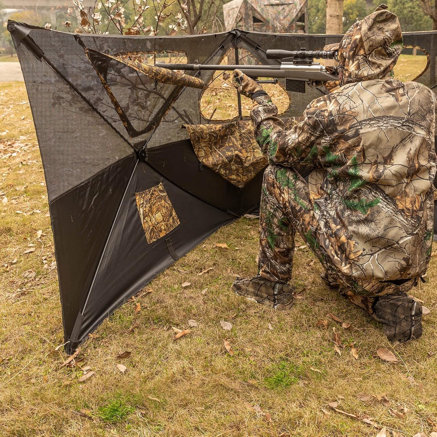 Hunting Blind, 360 See Through Ground Blind, 2-3 Person Pop Up Blind, Portable Durable Hunting Ground Blinds for Deer & Turkey Hunting