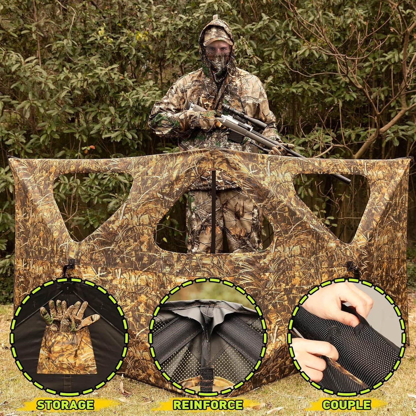 Hunting Blind, 360 See Through Ground Blind, 2-3 Person Pop Up Blind, Portable Durable Hunting Ground Blinds for Deer & Turkey Hunting