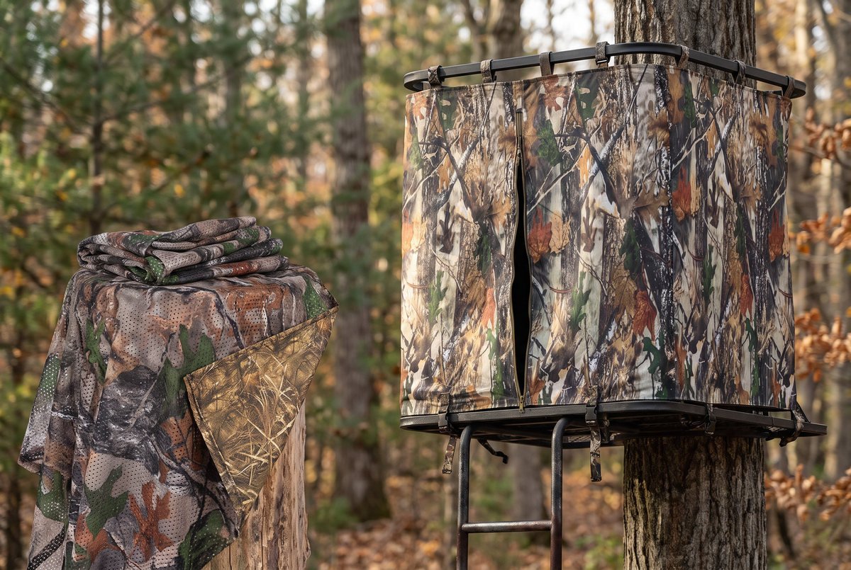LENOTOS double-sided camouflage mesh and tree stand cover showing material, straps and zippered entry