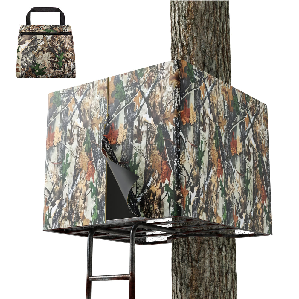 LENOTOS tree stand camo blind kit mounted on ladder stand with carry bag