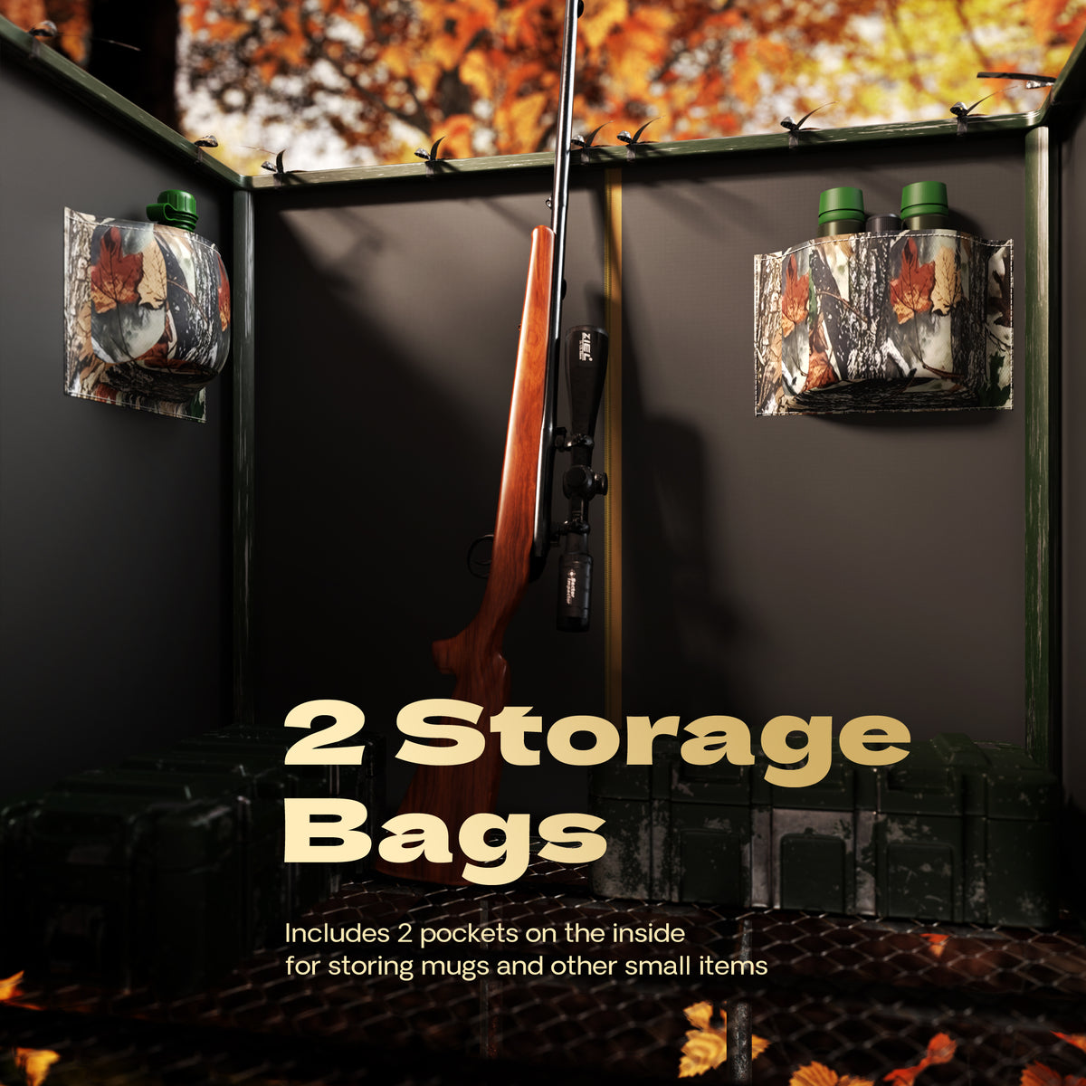 LENOTOS tree stand blind interior with two camo storage pockets for gear