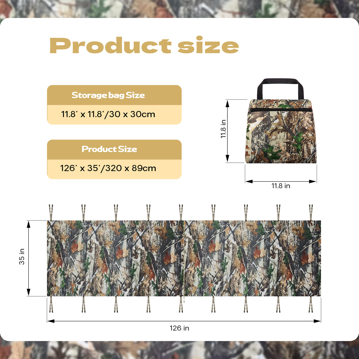 LENOTOS tree stand blind size chart — 126×35 inch cover and 11.8 inch storage bag