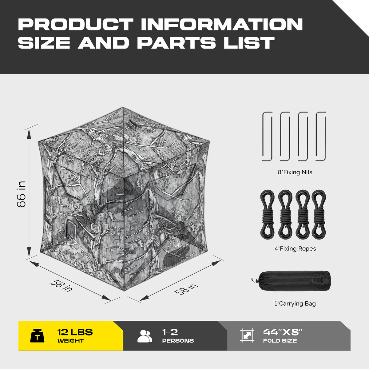 LENOTOS A-1006 size chart 58×58×66 inches with stakes, ropes and carry bag