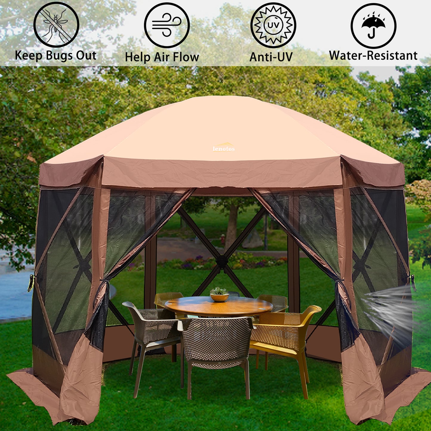 Lenotos Quick-Set Pavilion, 6 Sided Portable Hub Outdoor Gazebo, Pop Up Tent Screens Canopy Shelter, with 6 Wind and Sun Panels and Carry Bag