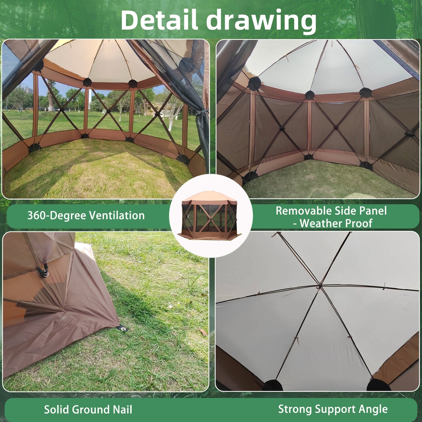 Lenotos Quick-Set Pavilion, 6 Sided Portable Hub Outdoor Gazebo, Pop Up Tent Screens Canopy Shelter, with 6 Wind and Sun Panels and Carry Bag