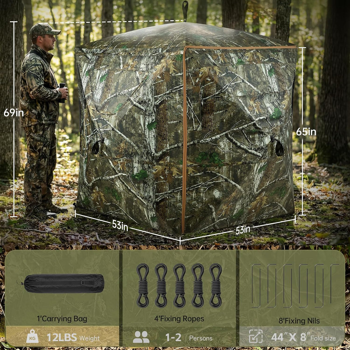 LENOTOS A-1019 size chart with carry bag, ropes and stakes for 1–2 hunters