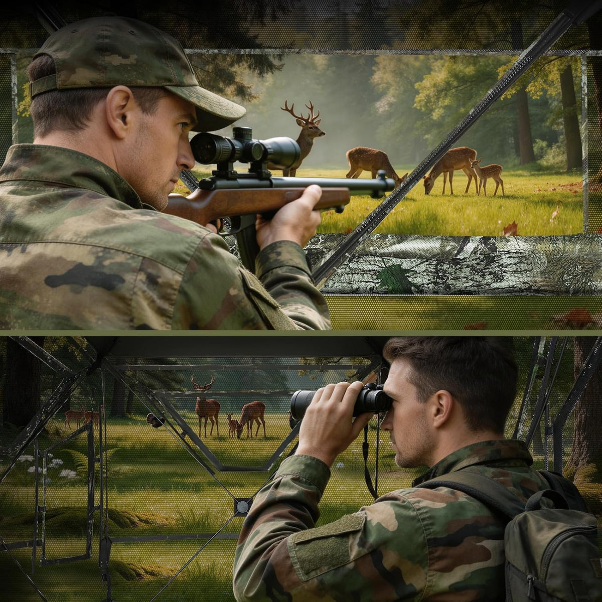 LENOTOS A-1019 hunter viewing deer through one-way mesh windows from inside