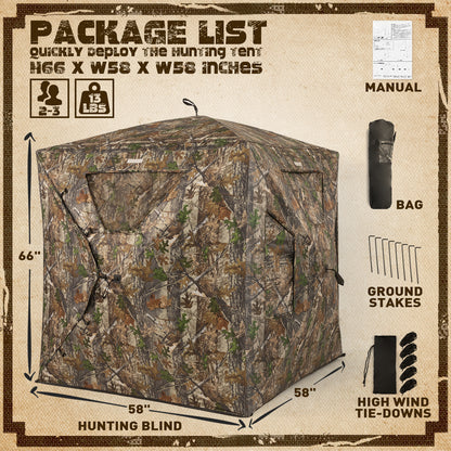 Lenotos Hunting Blind, Ground Blinds for Deer Hunting 2-3 Person, 270 Degree See Through Pop Up Blind for Deer and Turkey Hunting(A-1005)