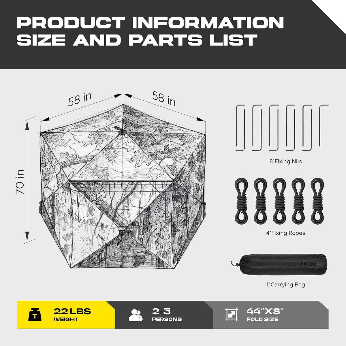 LENOTOS A-1010 size chart 58×58×70 inches with stakes, ropes and carry bag