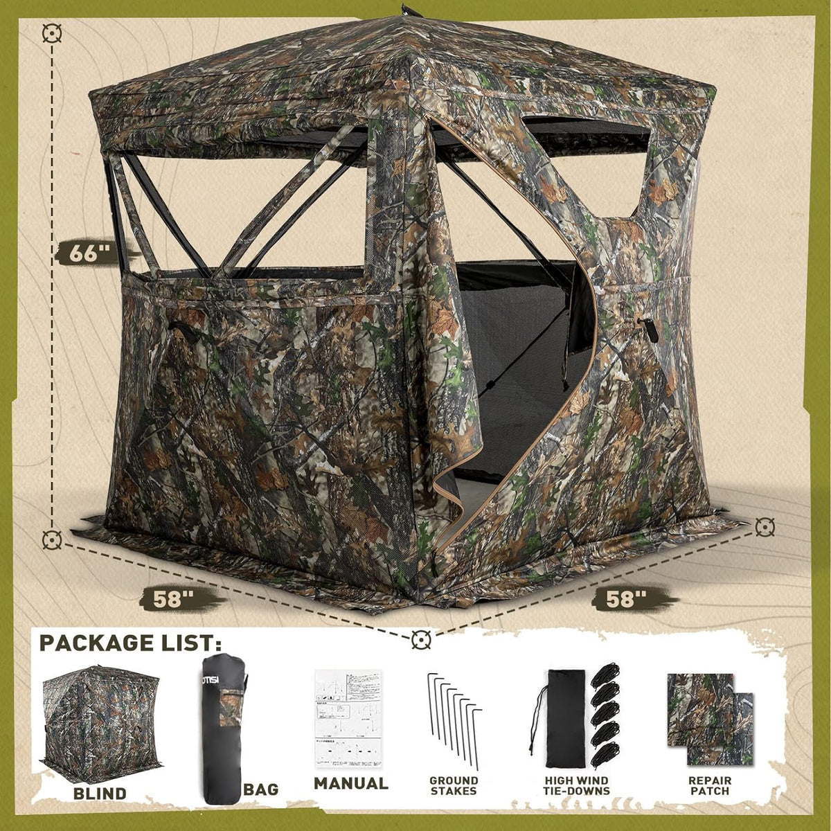LENOTOS A-1001-2 size chart 58×58×66 inches with bag, stakes, ropes and patches