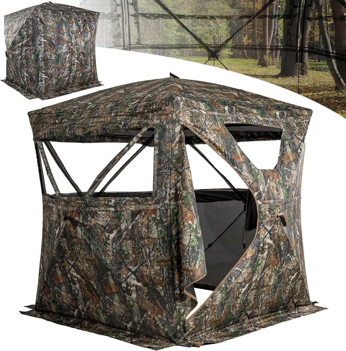 Lenotos Hunting Blind 270° See Through with Chair, Low-Noise 2-3 Person Pop Up Deer Blind, Portable Durable Ground Blind for Deer & Turkey Hunting (A-1001)