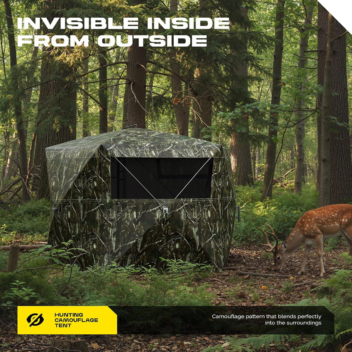 LENOTOS A-1010 camouflage hunting blind concealed in forest near a deer