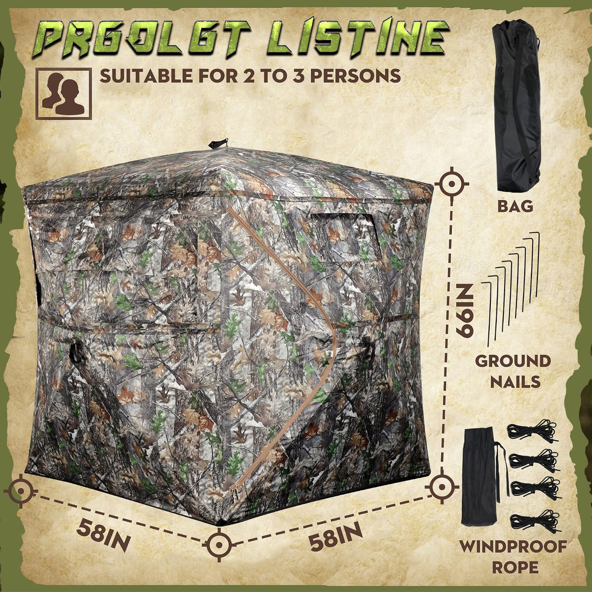 LENOTOS A-1013 size chart 58×58×66 inches with bag, stakes and ropes