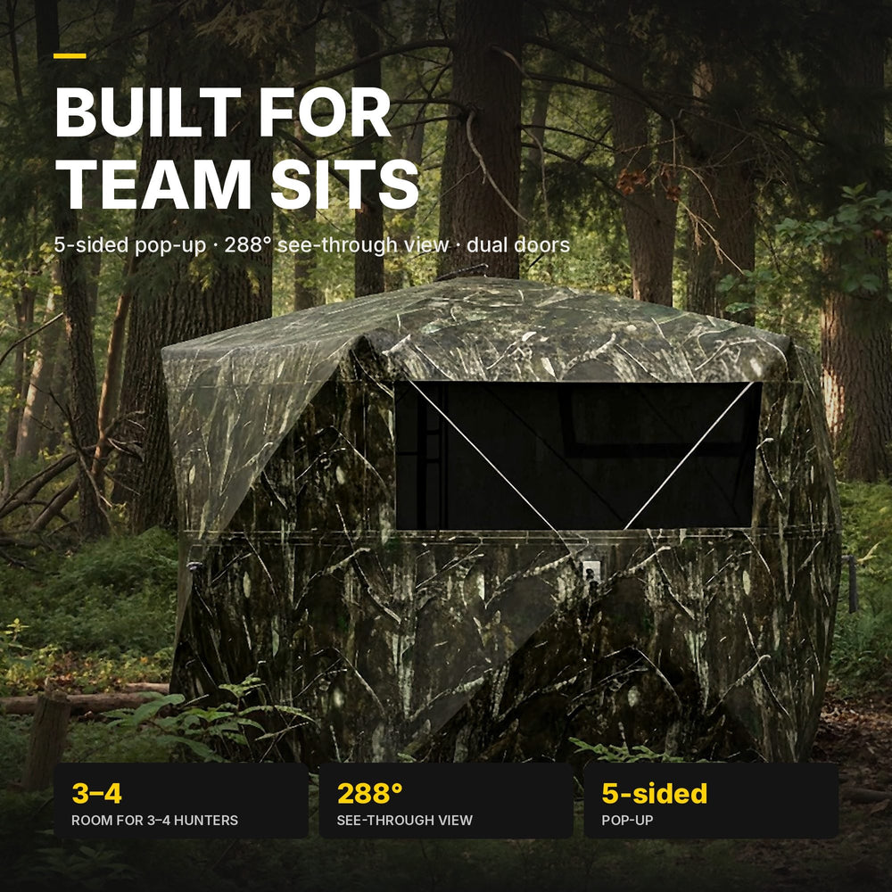 LENOTOS A-1010 hunting blind in the woods, room for 3–4 hunters, 288° see-through view