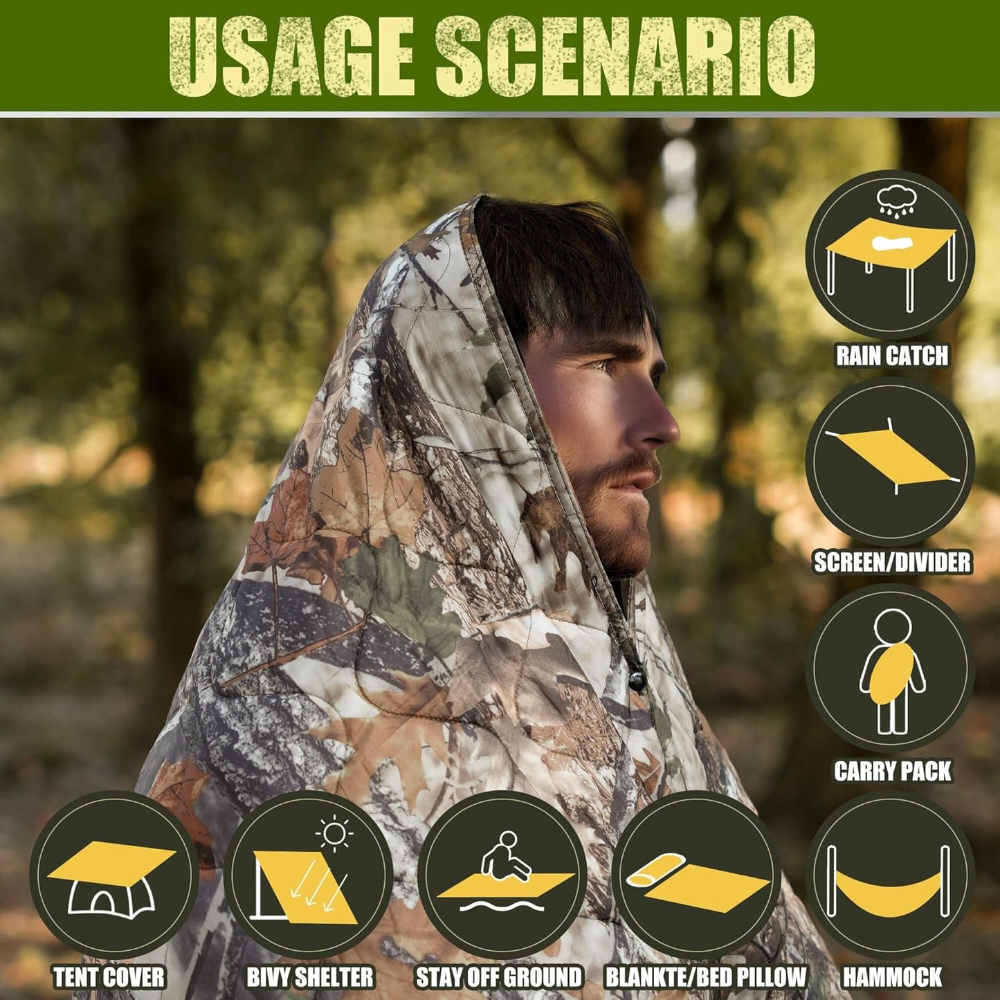 Lenotos Woobie Blanket, Thermal Insulated Military Poncho Liner, Water-Resistant, Portable, Insulation, for Hiking, Survival with Compression Carry Bag(A-2002)