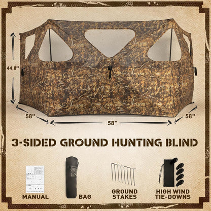 Hunting Blind, 360 See Through Ground Blind, 2-3 Person Pop Up Blind, Portable Durable Hunting Ground Blinds for Deer & Turkey Hunting