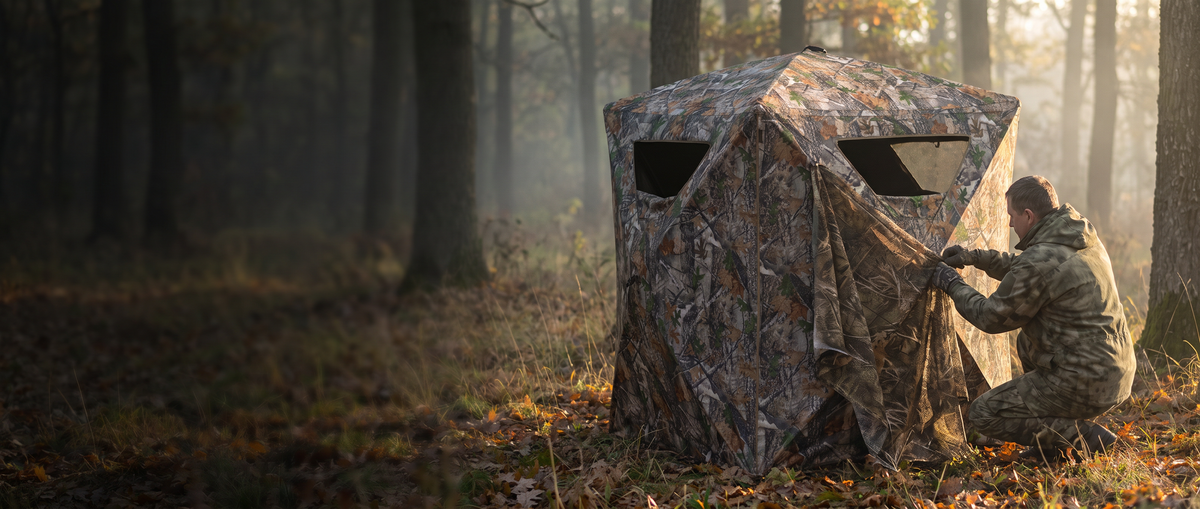 Hunter preparing camouflage concealment beside a ground blind in woodland