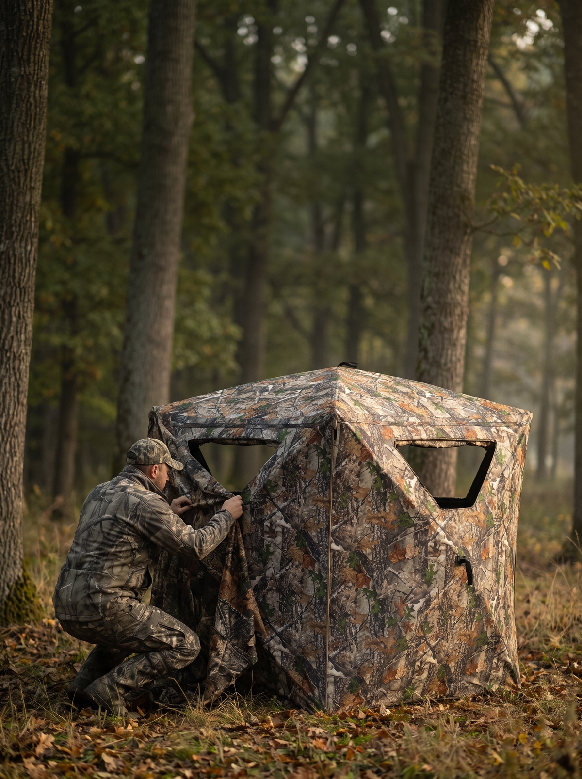 Hunter preparing camouflage concealment beside a ground blind in woodland