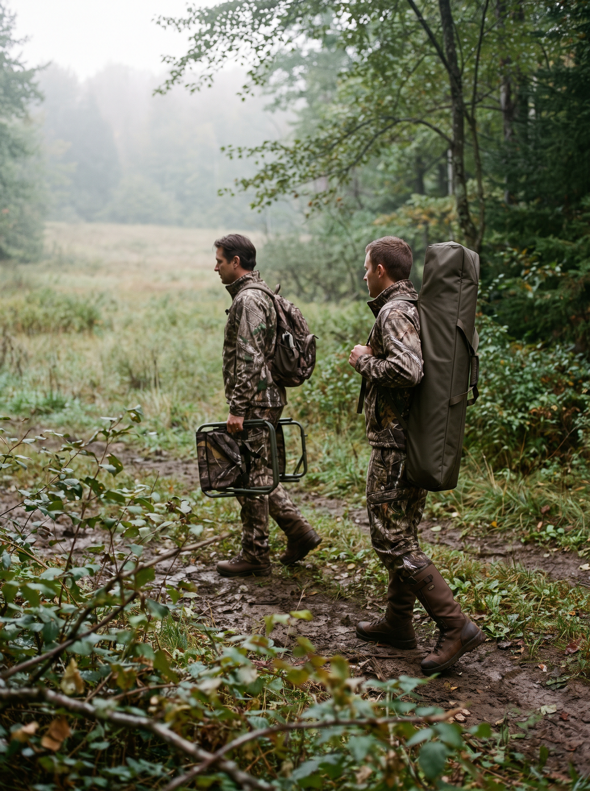 Hunters carrying a hunting blind bag and folding chair into the field