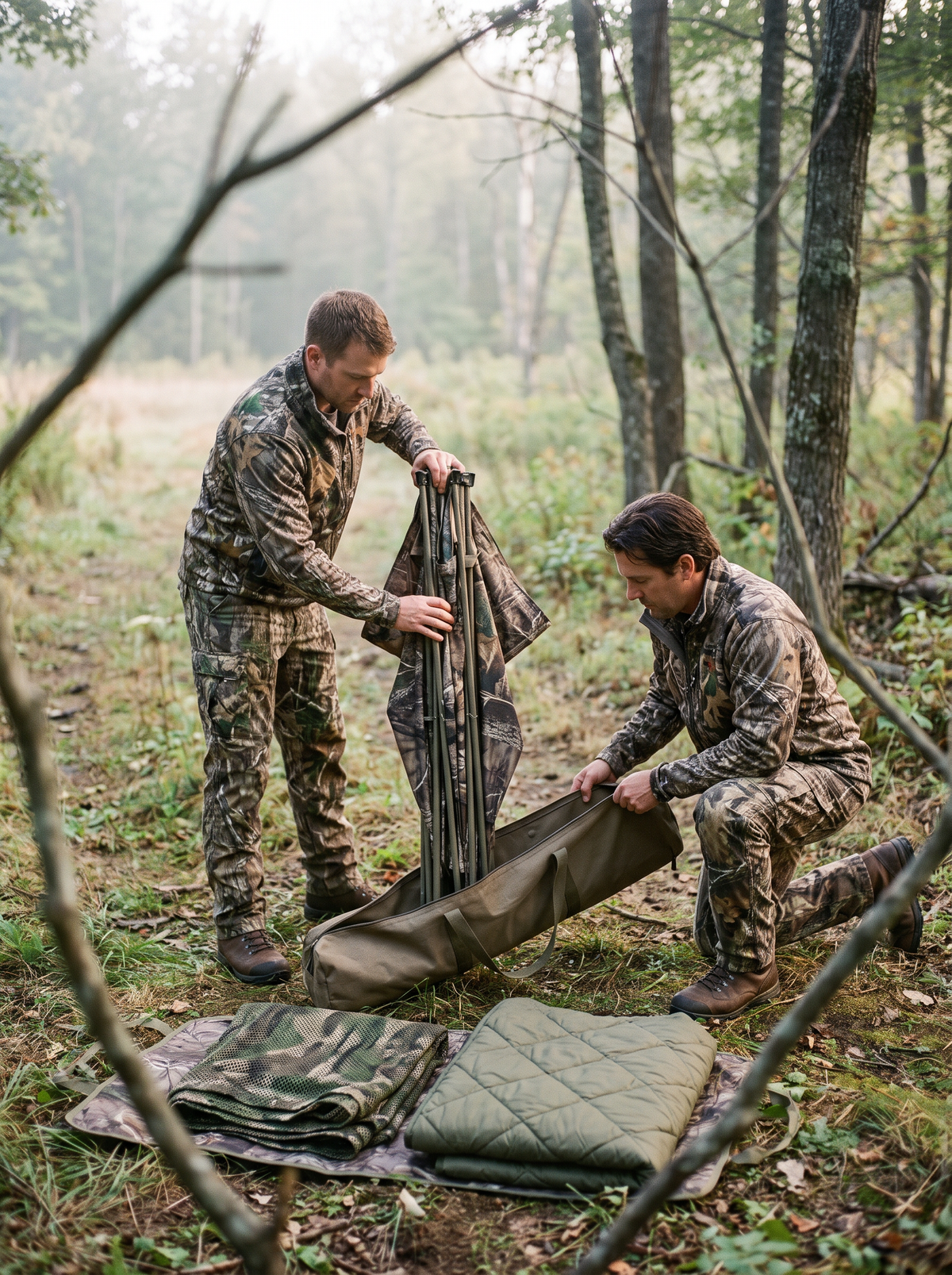 Two hunters packing a folded hunting blind with camouflage mesh and an insulated blanket