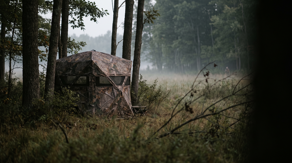 Camouflage hunting blind concealed beside woodland trees overlooking a misty field